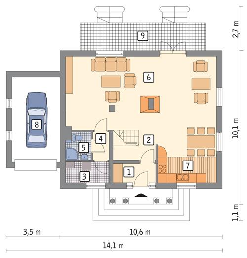 Rzut parteru POW. 89,1 m²